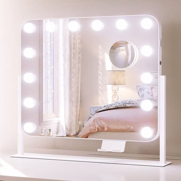 SONNI 50x47cm specchio da trucco bianco con luce a 3 colori, con USB, ingrandimento 10x, reversibile