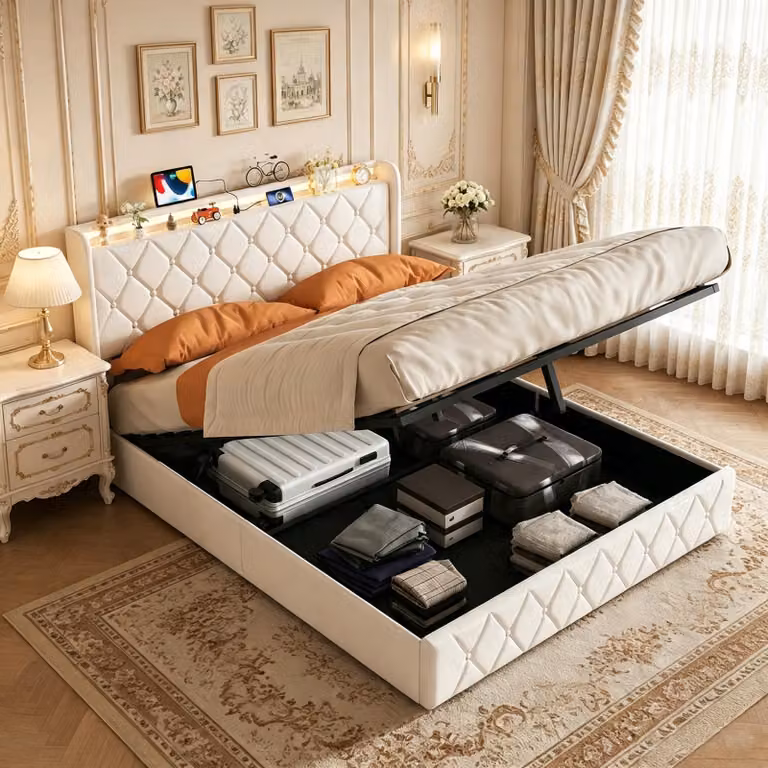 Letto matrimoniale con boxspring INONEFT, 160x200 cm, imbottito con LED e USB, letto con sistema di sollevamento idraulico e contenitore, rete a molle, ideale per ragazzi, rivestito in velluto, colore beige
