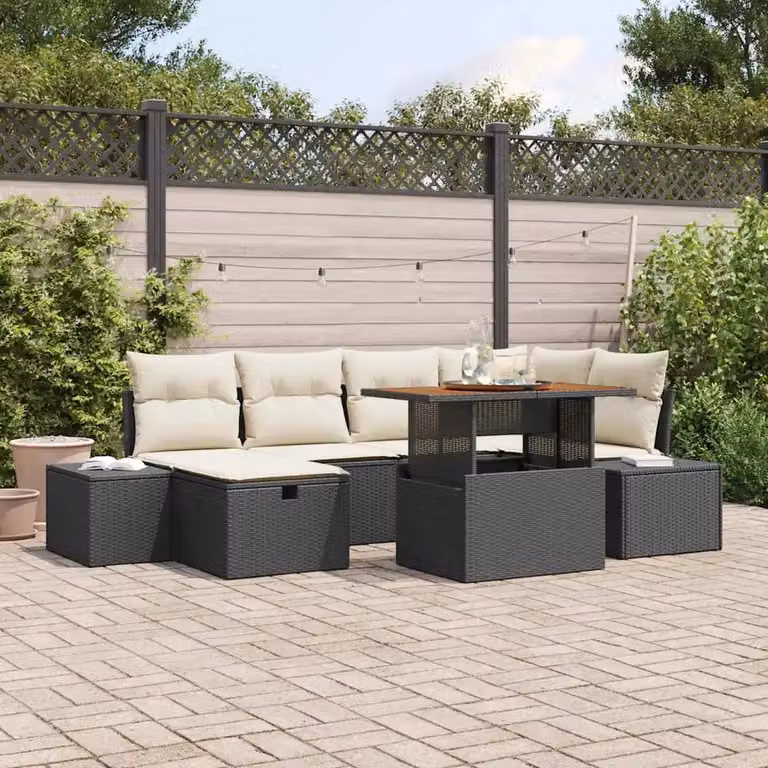 Set Divano da Giardino Moderno vidaXL in Polyrattan Nero con 7 Pezzi e Cuscini inclusi