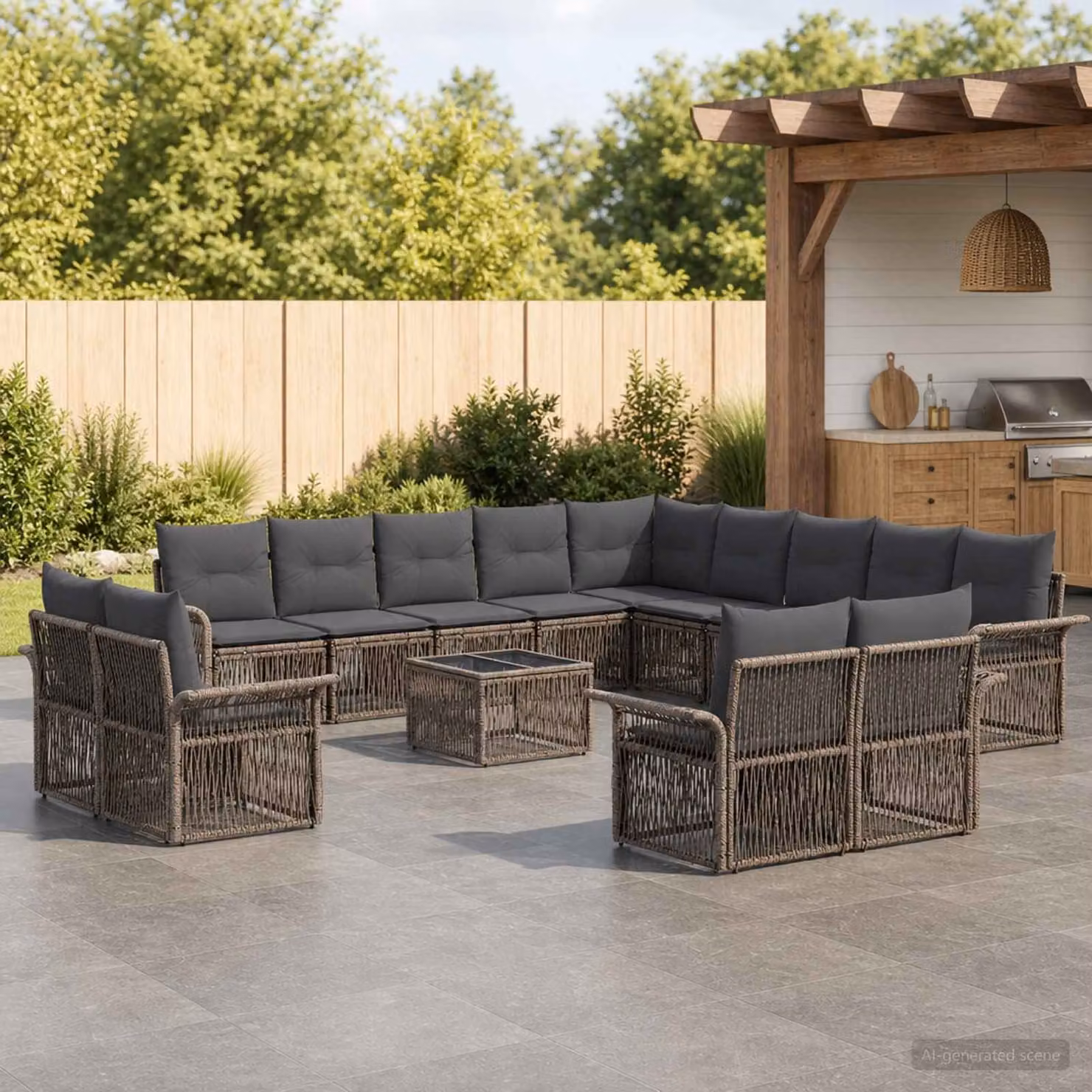 Set Divano da Giardino vidaXL 14 Pezzi a Forma di U in Polyrattan Grigio e Antracite con Cuscini e Tavolino da Caffè