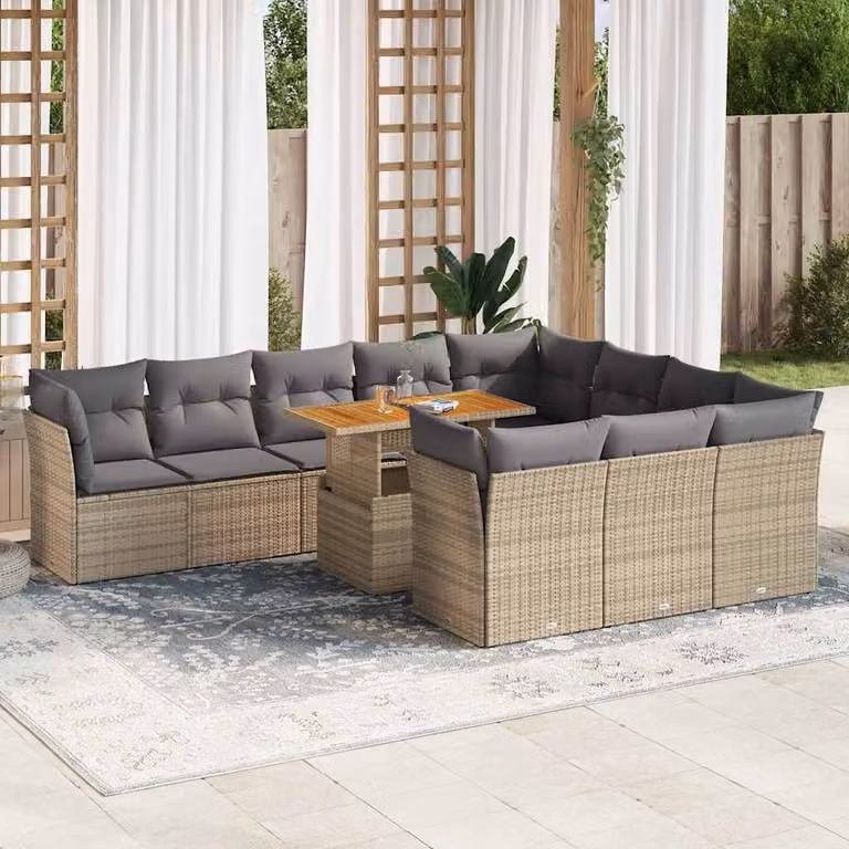 Set di divani da giardino vidaXL in polyrattan beige con cuscini e tavolino da esterno a forma di L