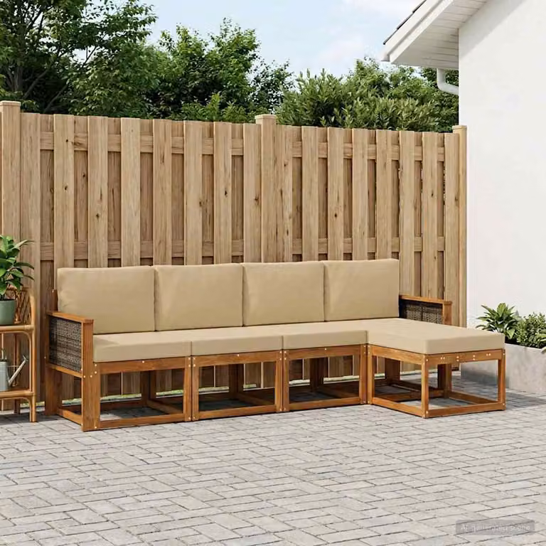 Set di divani da esterno vidaXL a forma di L composto da 5 pezzi in legno di acacia con cuscini beige e marrone