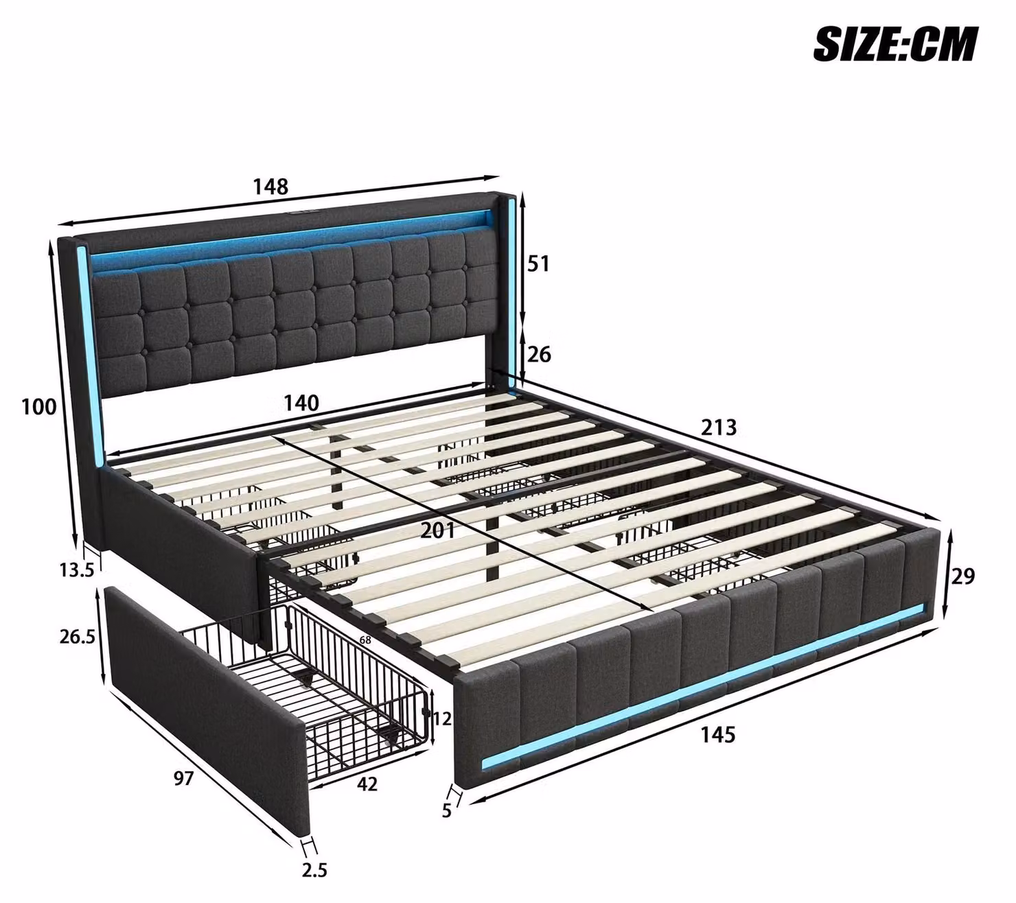 Letto imbottito con contenitore - Letto matrimoniale - Struttura a rete - 4 cassetti - Illuminazione LED e porta USB - Rivestimento in lino - 140x190 cm - Grigio