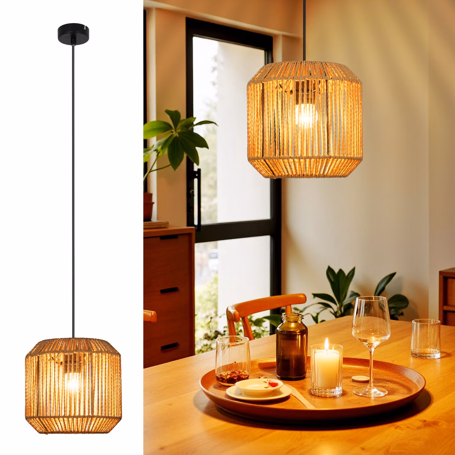 ZMH Lampada a sospensione tavolo da pranzo lampada a sospensione vintage lampada a sospensione sala da pranzo rattan tavolo da pranzo lampada 1 fiamma lanterna design E27 lampada a sospensione per camera da letto letto soggiorno corridoio (lampadina non i