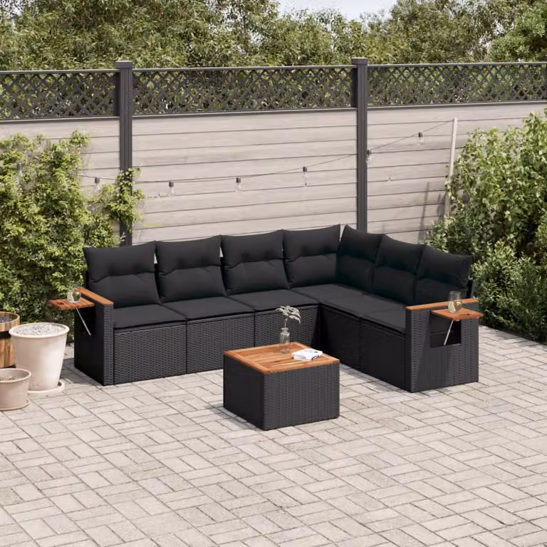Set Divani da Giardino a L vidaXL in Polyrattan Nero con 7 Cuscini e Tavolino da Esterno