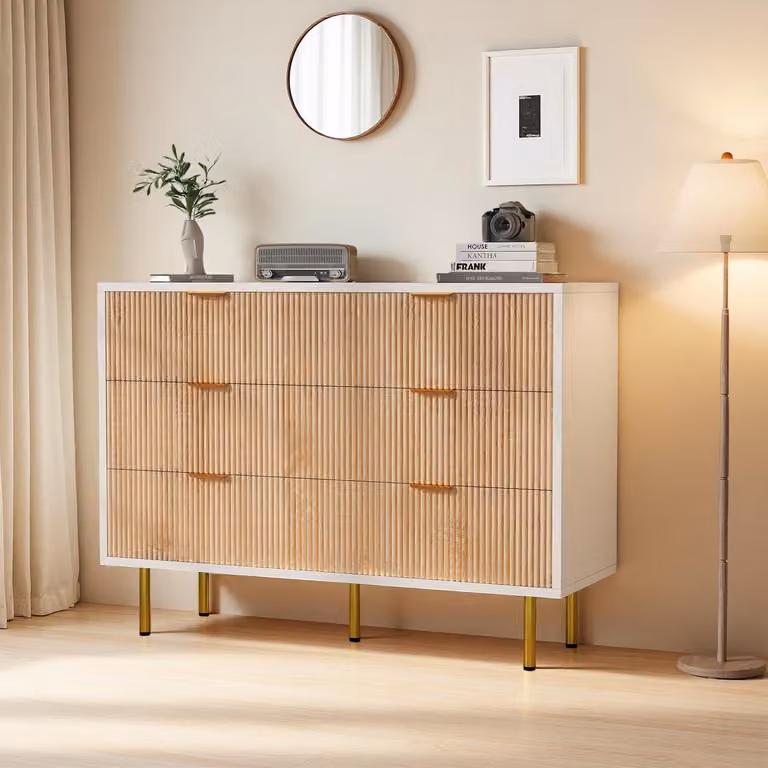 Comodino con 6 cassetti, mobiletto contenitore, legno, gambe in metallo, bianco, legno naturale
