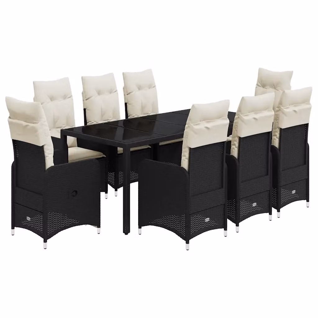 Set Bistrò da Giardino vidaXL 9 pz in Polyrattan Nero con Cuscini e Piano in Vetro – 2