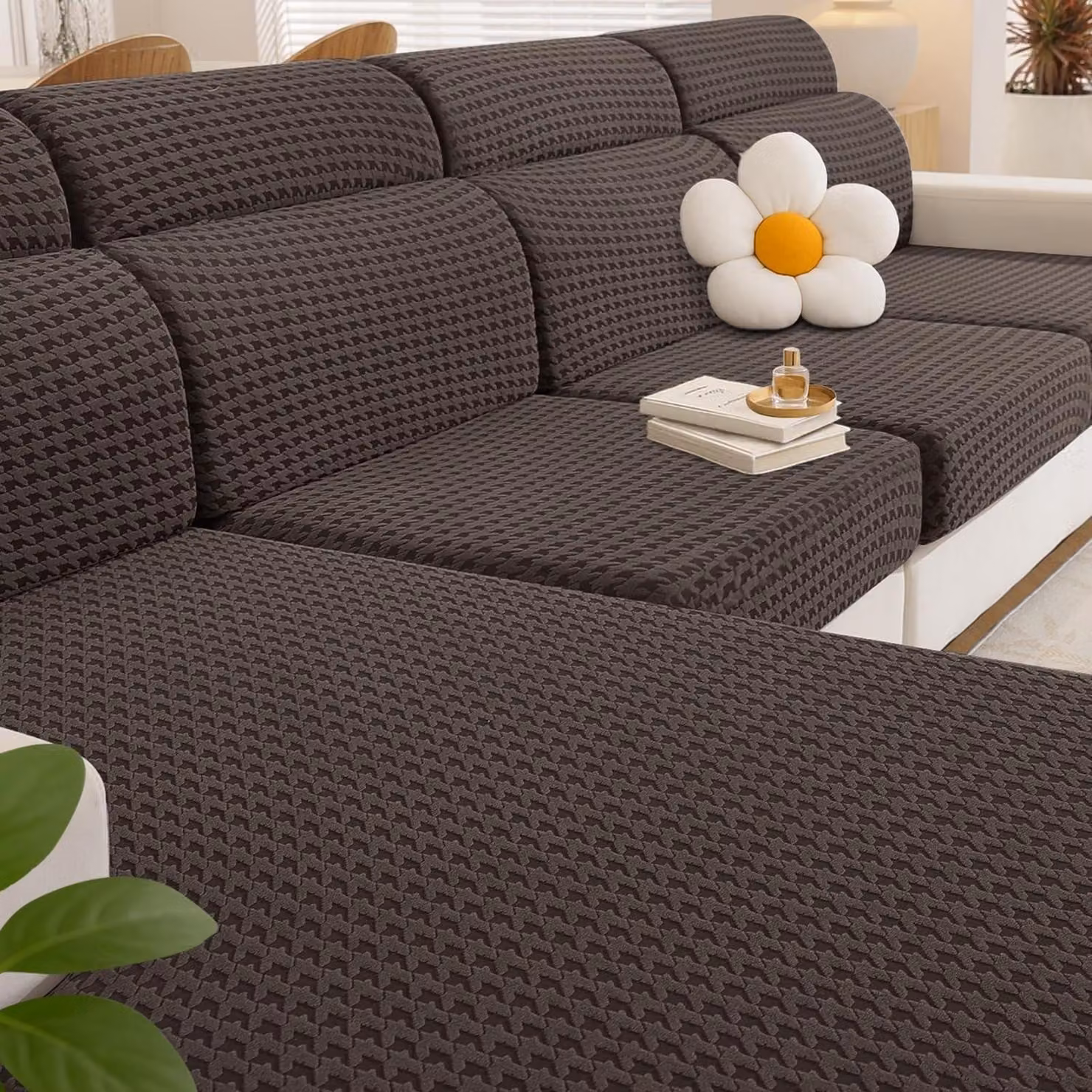 Copertura elastica per cuscini del divano, forma a L, composta da 3 coperture per sedute singole e 1 copertura per chaise longue, colore marrone, lavabile