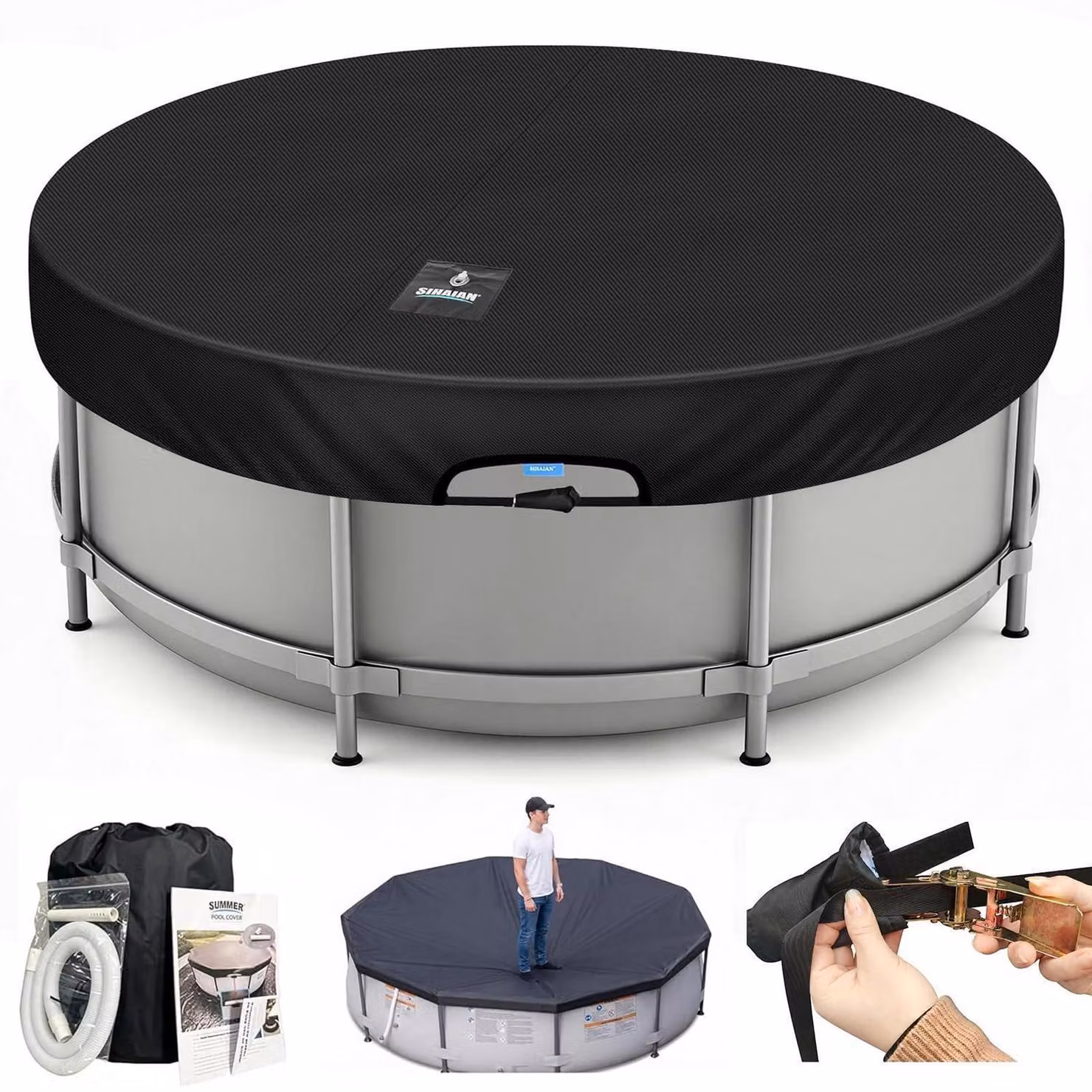 Copertura per piscina rotonda con sistema di scarico automatico, diametro 6,3 metri, colore nero, realizzata in poliestere 420D