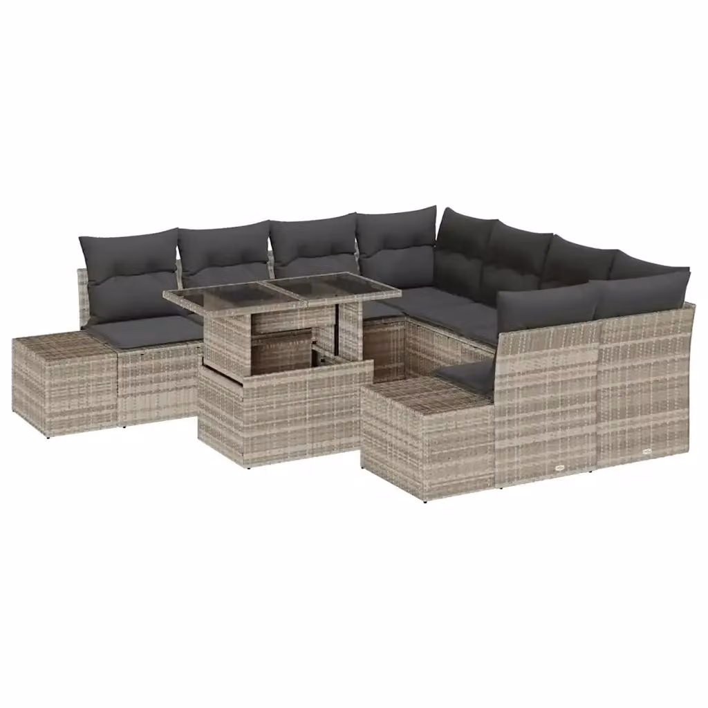 vidaXL Set Divano da Giardino 9 pz a forma di U in metallo e rattan con cuscini grigi e tavolino da esterno – 2
