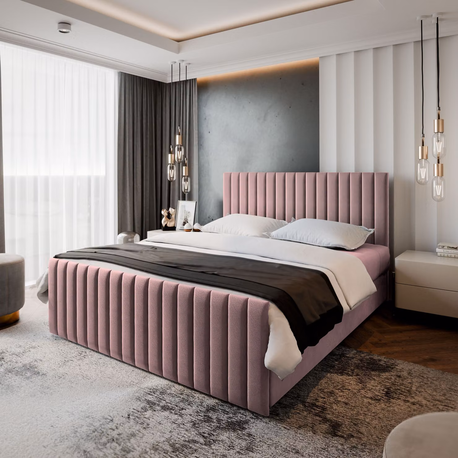 Letto a molle Masseno ARION 180x200 cm completo di materasso e topper Bonell, letto imbottito con cassettiera - rosa, KRONOS 27