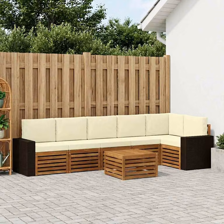 Set di divani da esterno vidaXL 7 pz in legno di acacia con tavolino e cuscini, colore beige e bianco
