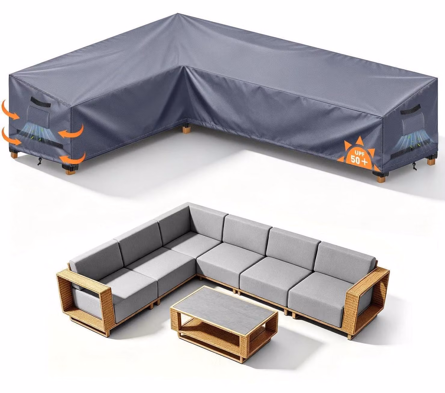 Copertura per mobili da giardino, forma a L, impermeabile, dimensioni 210x260x90x80/65 cm, colore grigio, tessuto Oxford 420D
