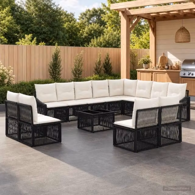Set Divano da Giardino a Forma di U vidaXL in Polyrattan Nero con Cuscini e Tavolino