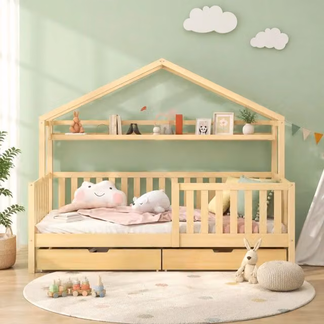 Letto a casetta per bambini 90x200 cm con 2 cassetti in legno di pino e MDF naturale