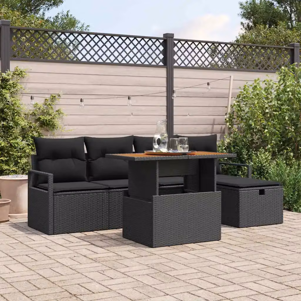 Set Divano da Giardino a L vidaXL 6 Pezzi Nero con Cuscini e Tavolino in Polyrattan e Metallo – 1