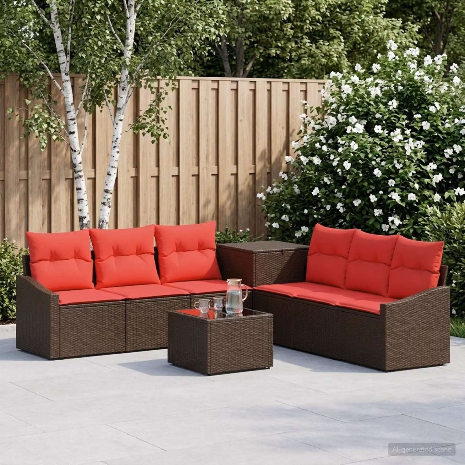 Set di divani da giardino vidaXL a forma di U composto da 8 pezzi in polyrattan con struttura in metallo e cuscini inclusi, colore marrone e rosso