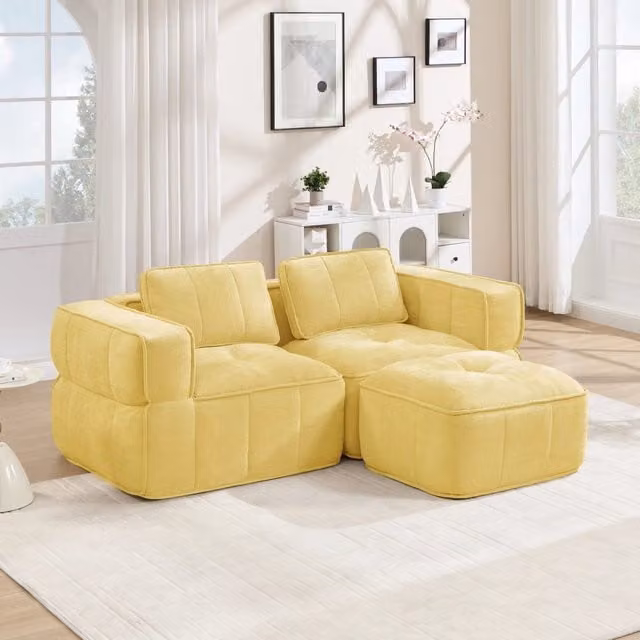 Divano angolare modulare a 2 posti senza struttura con pouf e seduta profonda in poliestere giallo 198 × 162 × 67 cm