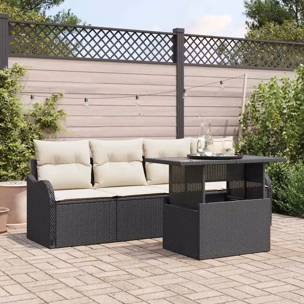 Set Divano da Giardino vidaXL 5 Pezzi a Forma di L con Tavolino, Nero e Bianco – 1