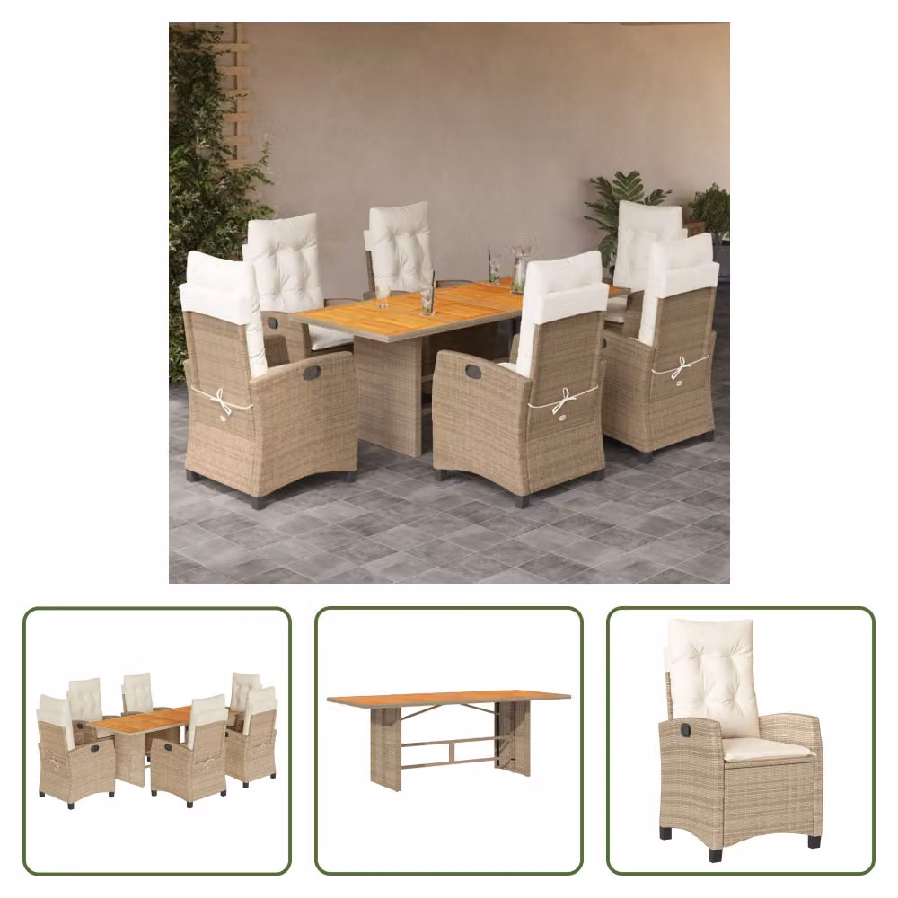 The Living Store Set da pranzo da giardino 7 pezzi con cuscini Beige poly rattan