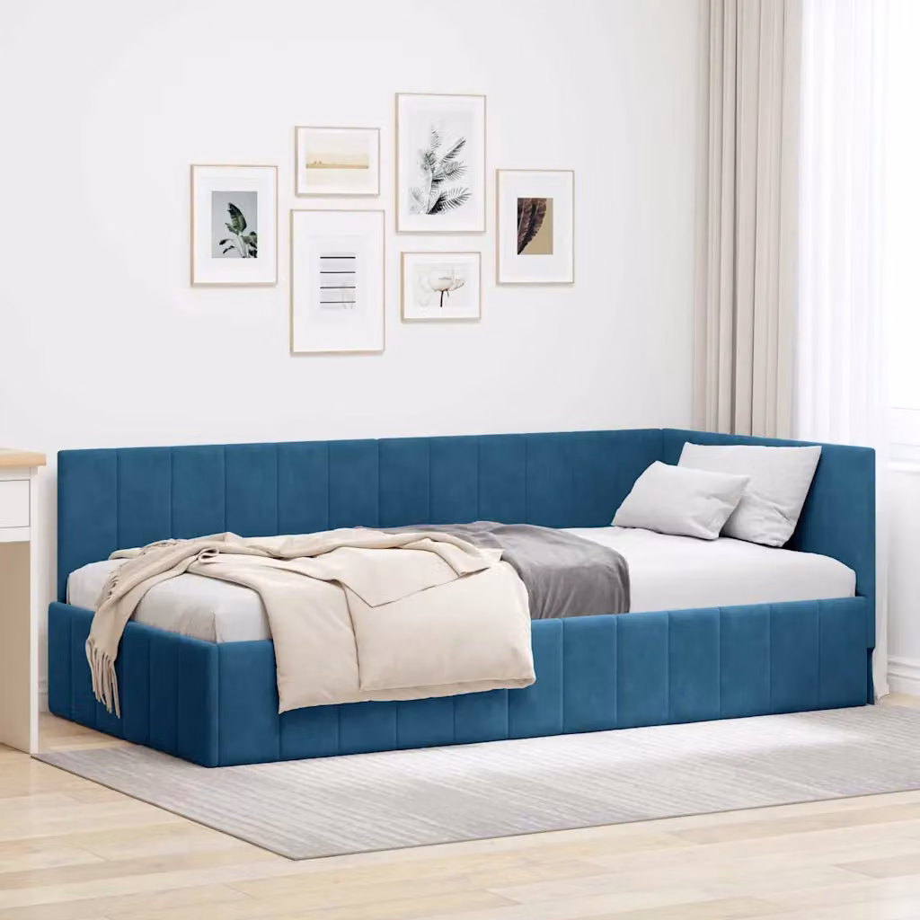 Cornice del letto ad angolo vidaXL in velluto blu, L 100 x P 200 cm – 1