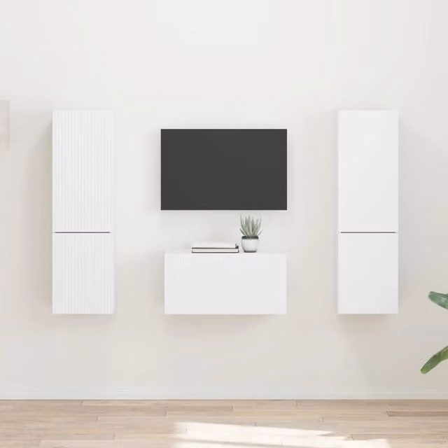Set mobile TV moderno da 5 pezzi in legno multistrato bianco opaco per soggiorno o ufficio, L: 60 cm, P: 31 cm, H: 30 cm