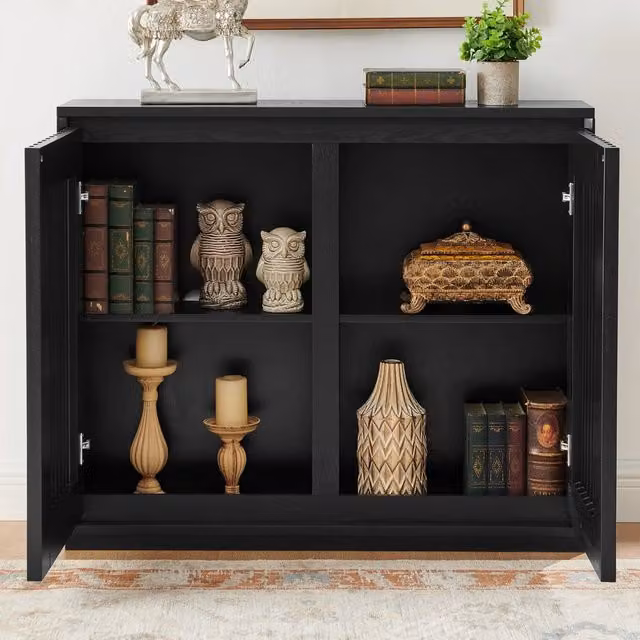 Credenza e madia vintage con ante traforate e due aperture per prese per soggiorno in MDF nero 99 × 23,5 × 82,6 cm