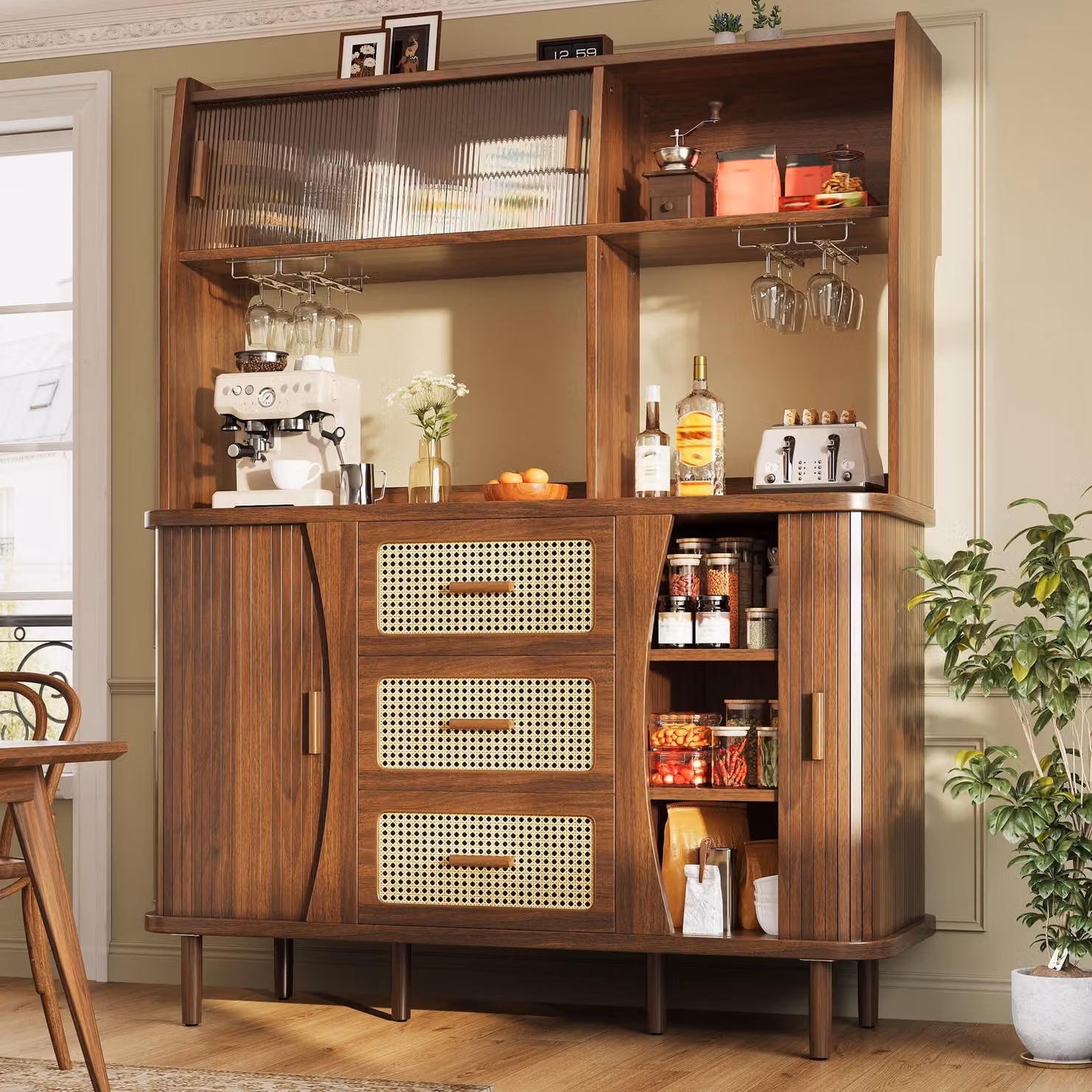 Flieks: mobile da buffet di alta qualità con effetto rattan e ante scorrevoli in vetro, mobile da cucina con vano portaoggetti, mobile alto 140x40,5x174,5 cm, noce