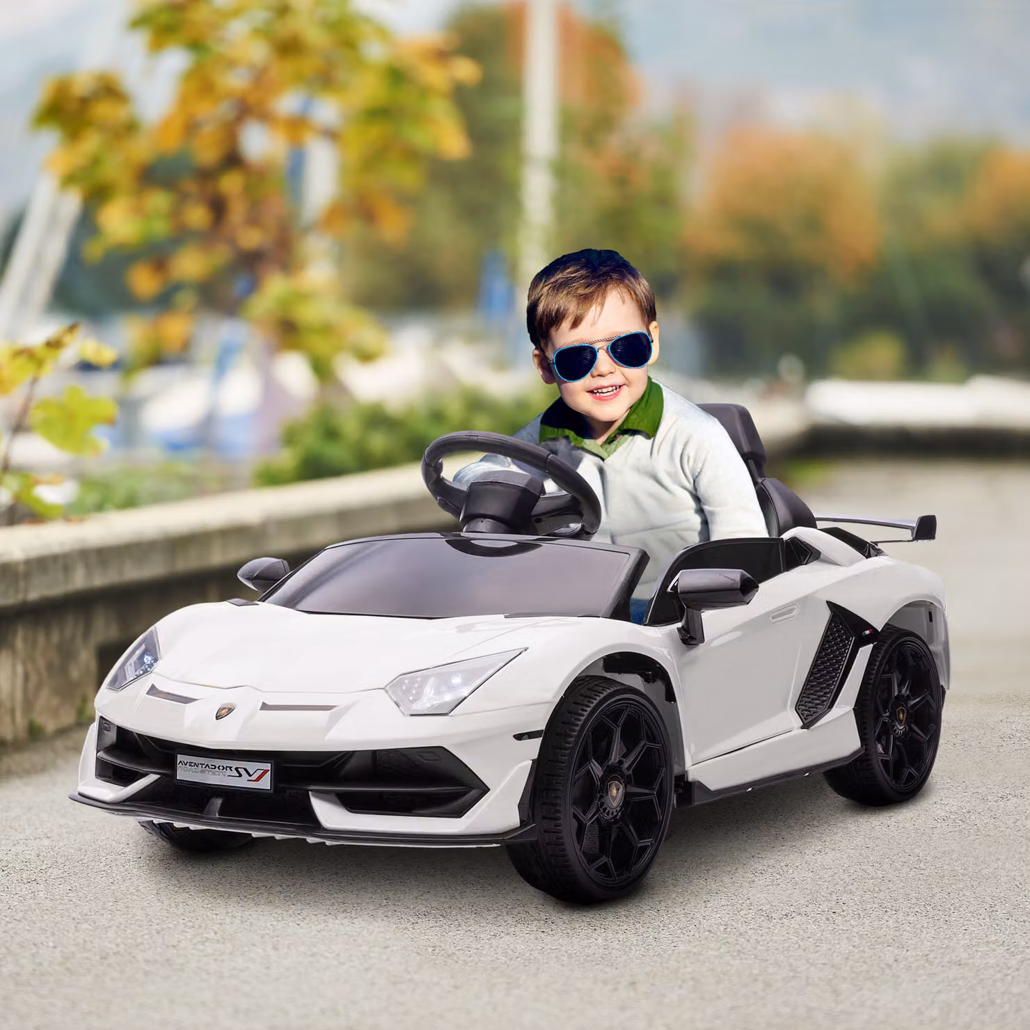 Auto elettrica per bambini HOMCOM con licenza Lamborghini, 12V, con clacson e telecomando, Bianca, L: 107.5 cm, P: 63 cm, H: 42 cm – 2