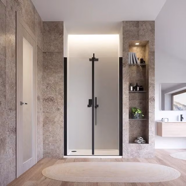 Porta doccia 120cm apertura saloon con profili nero opaco e vetro da 8mm trasparente h195 | Fiji