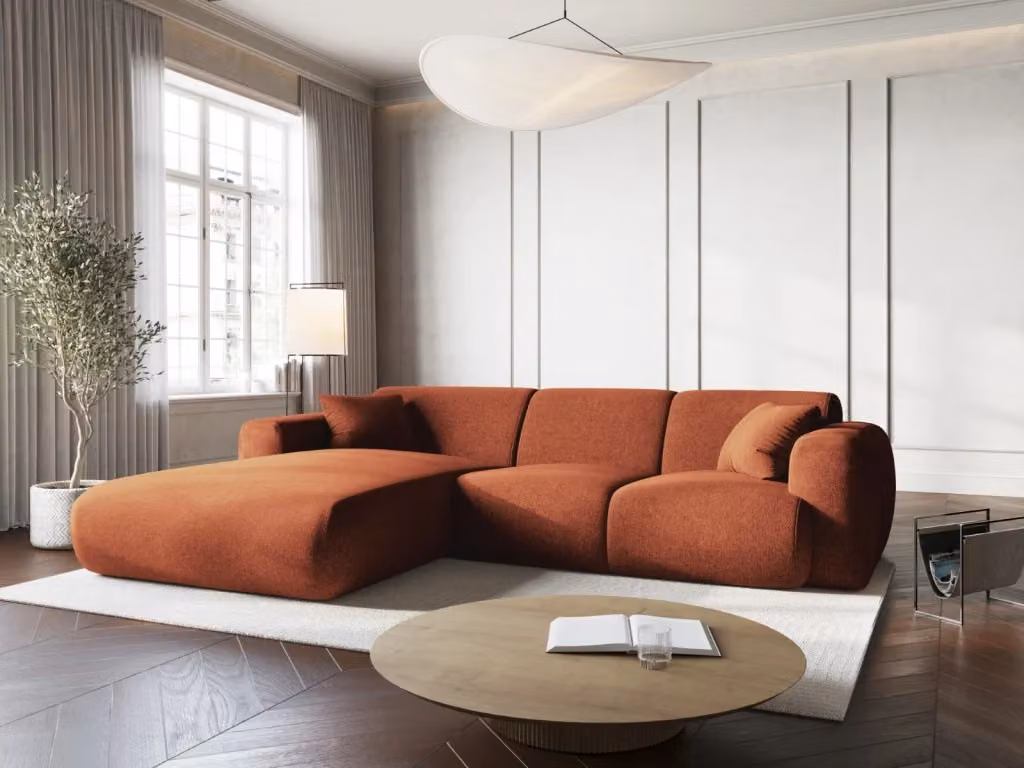 Divano angolare sinistro Nolio Cosmopolitan Design a 4 posti in ciniglia color terracotta L 260 cm x P 170 cm x H 72 cm – 2