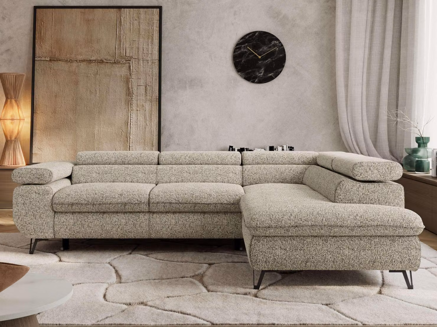 Divano letto a L Divano angolare Divano da salotto con poggiatesta regolabili - PABLO L - Struttura - Beige - Destro