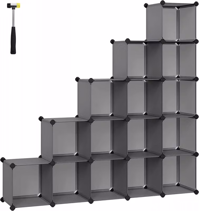 Songmics, Organizer a 15 scomparti, plastica, metallo, grigio, 123x31x123 cm
