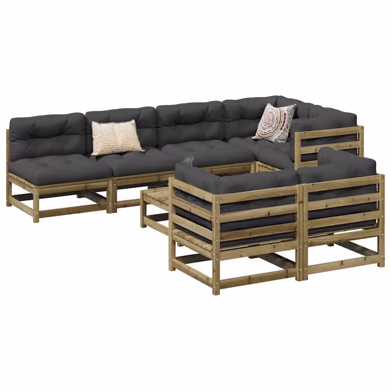 Set di Divani da Giardino vidaXL 8 Pezzi in Legno di Pino Impregnato, Composizione a L con Cuscini Inclusi, Colore Marrone e Grigio