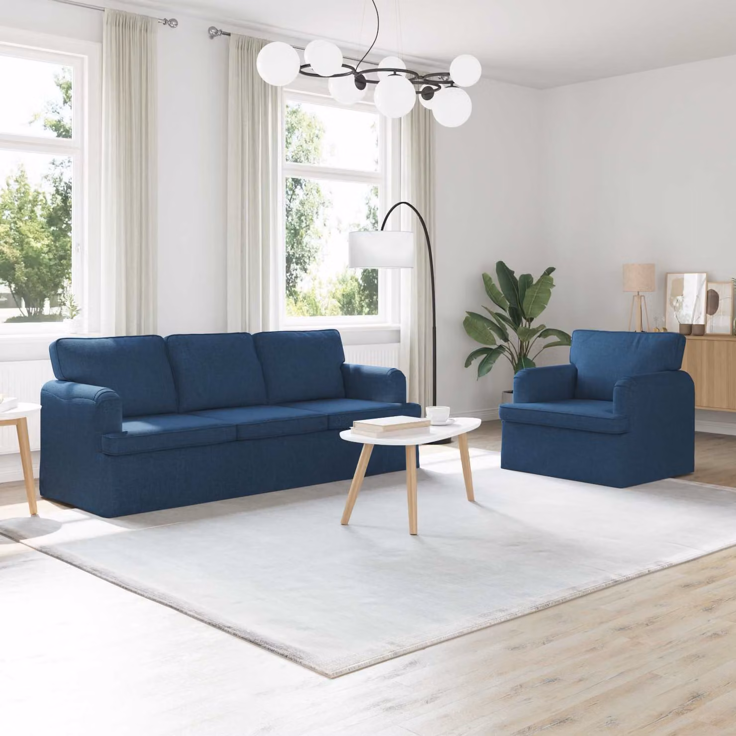 Set di 2 divani vidaXL in tessuto blu con struttura in metallo per soggiorno e camera da letto L/P/H: 201 x 144 x 85 cm – 1