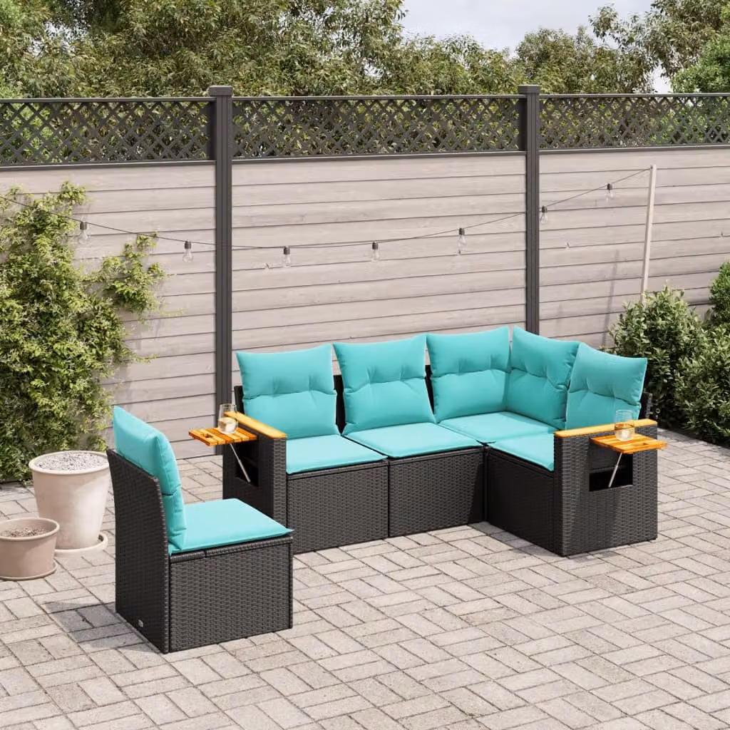 Set Divani da Giardino vidaXL 5 pz in Polyrattan Nero con Cuscini e Tavolino da Esterno a Forma di L