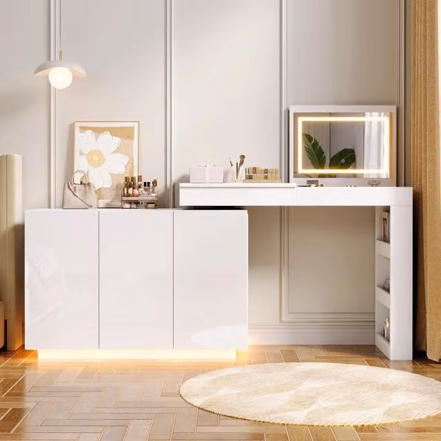 Scrivania angolare girevole con LED ¨C Minimal ¨C bianco lucido 100x40x80 cm