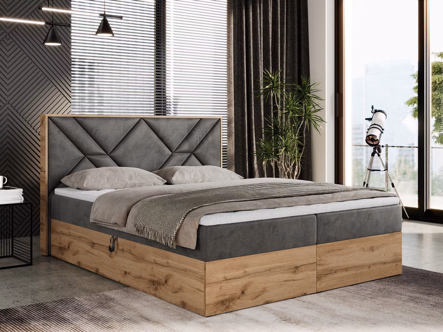 Letto boxspring 200x200 con contenitore, letto imbottito 200x200 con materasso H3, letto boxspring 200x200 con testiera, letto boxspring in legno massello - Gunar - Grigio scuro Velvet - H3
