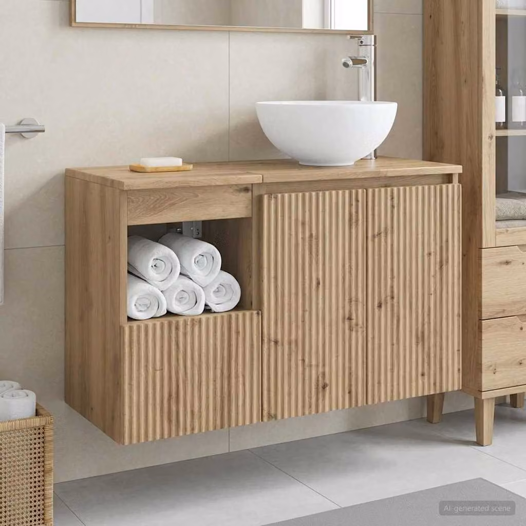 Set di mobili da bagno moderni vidaXL composto da mobile lavabo e pensile in legno marrone con ante a cerniera e cassetti interni