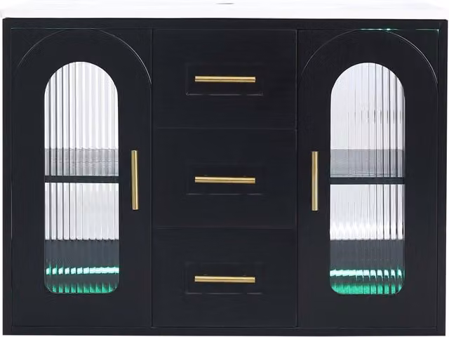 Mobile Bagno con Lavabo in Ceramica Sospeso 76 cm Nero Effetto Legno e Ante in Vetro Scanalato