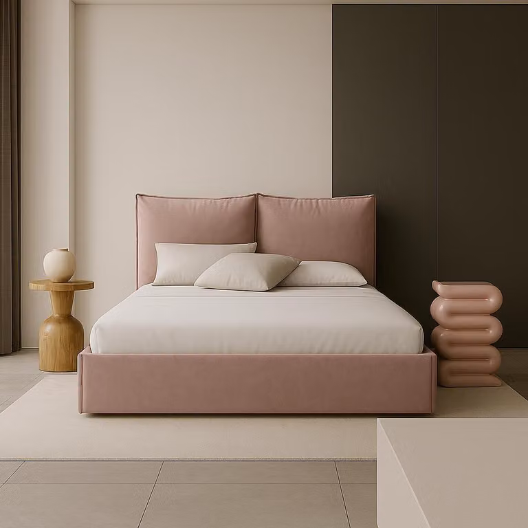 Letto matrimoniale imbottito Sofello rosa con cuscini sfoderabili con cerniera, superficie di riposo 160 cm, testiera morbida e confortevole in velluto.