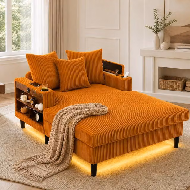 Chaise Longue REDOM in velluto a coste giallo senape con porta bicchiere e ricarica USB, L/P/H: 129 x 170 x 70 cm