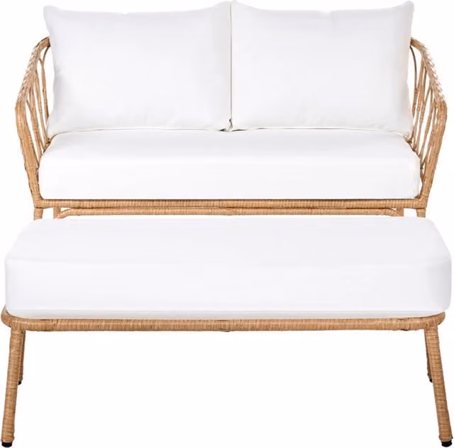 Divano da Giardino con Panca in Rattan PE Marrone Chiaro 2 Posti Struttura in Acciaio e Gambe in Metallo Cuscini Bianco Sporco Arredo da Esterno