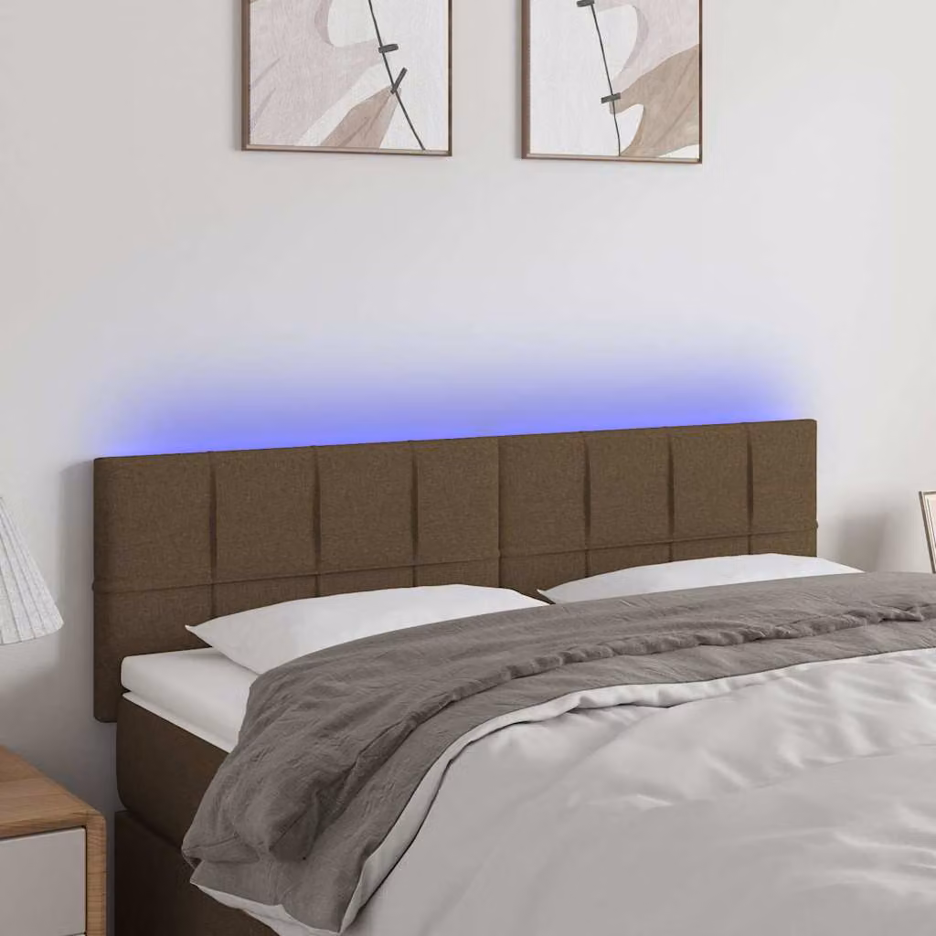 Testiera per letto vidaXL in tessuto marrone scuro con illuminazione LED e porta di ricarica USB, L: 144 cm, P: 5 cm, H: 78-88 cm