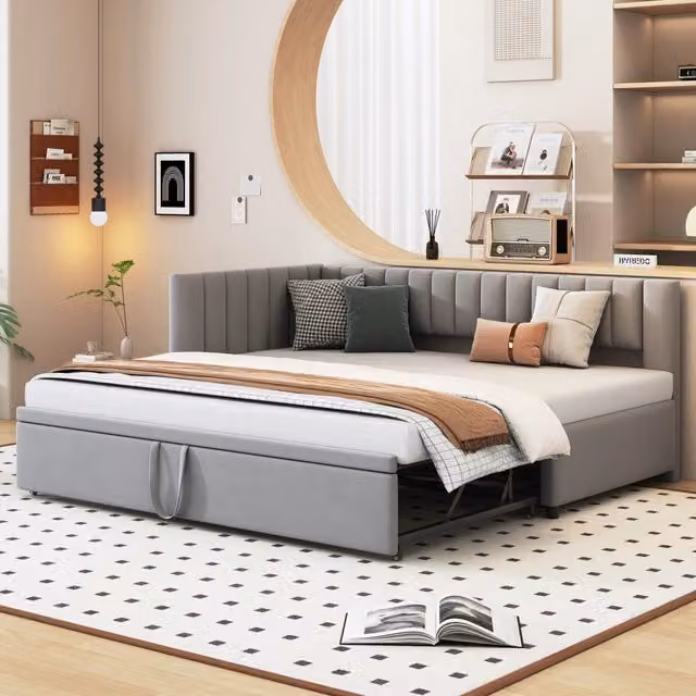 Letto divano estraibile 90×200 e 180×200 cm 1 o 2 posti con secondo posto, in velluto grigio, senza materasso