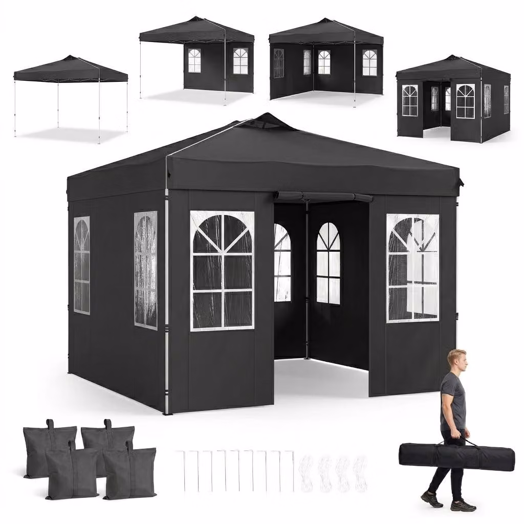 KOMFOTTEU, gazebo pop-up da giardino, dimensioni 3 x 3 metri, con 4 pareti laterali regolabili in altezza (colore: nero)
