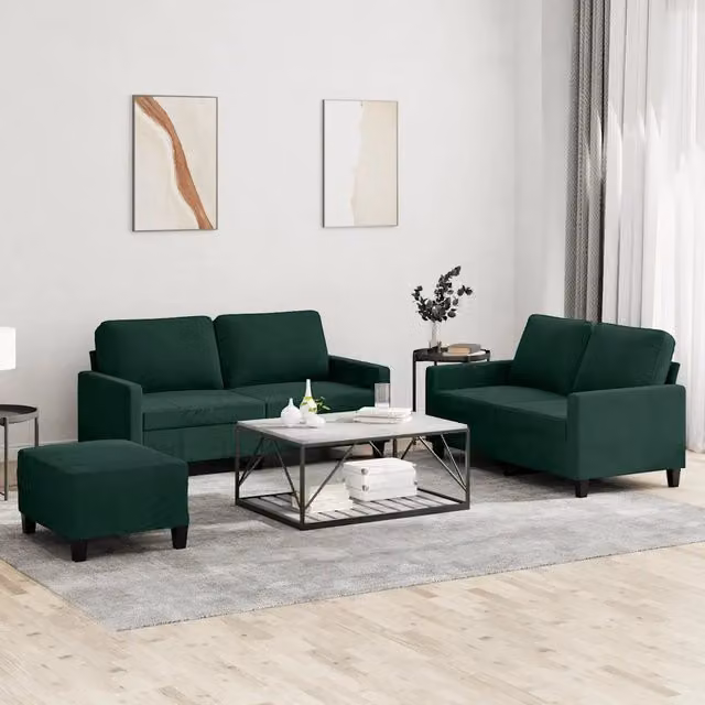 Set di 3 divani moderni vidaXL in velluto verde con cuscini e struttura in metallo e MDF L: 158 cm, P: 80 cm, H: 77 cm – 1