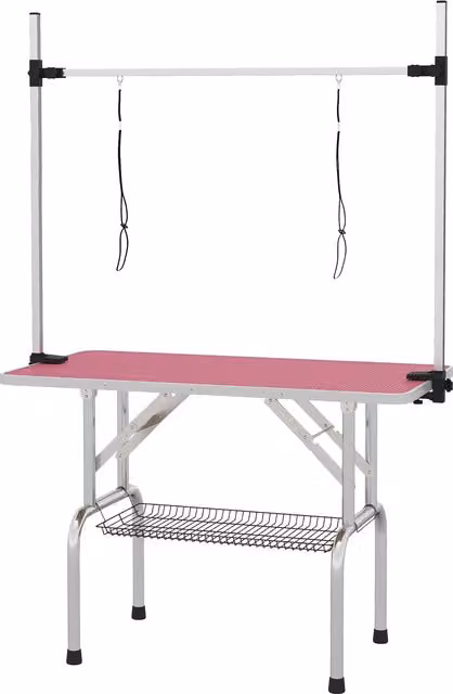 PawHut Tavolo da Toelettatura Pieghevole con Cestello Metallico e Barra in Acciaio Inossidabile Regolabile, Rosa, H: 164 cm, L: 107 cm, P: 60 cm – 1