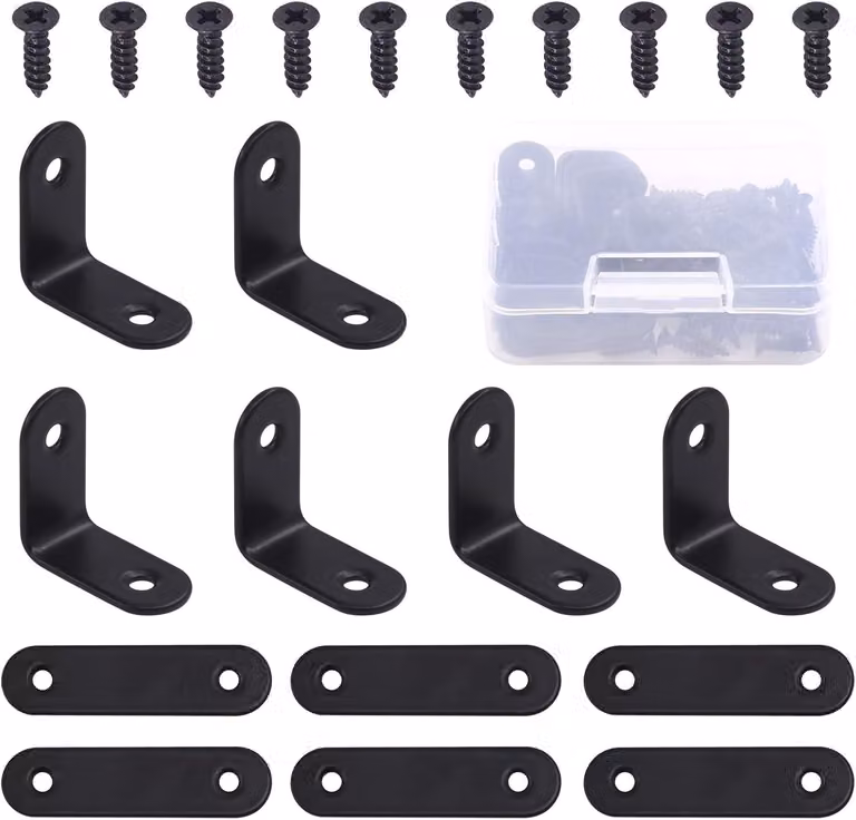 Set di angolari in acciaio inossidabile nero, composto da 56 pezzi, completo di viti, ideale per mobili e riparazioni
