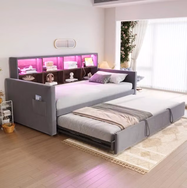 Divano letto imbottito 90x190 cm in velluto grigio con letto estraibile; LED e prese